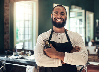 barber shop, hair stylist smile and black man portrait of an entrepreneur with beard trimmer. salon,