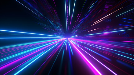 Wall Mural - Blue pink and purple neon glow laser beam light lines moving fast,digital, high speed internet, cyberpunk, techonogy backdrop. futuristic abstract background. Generative AI