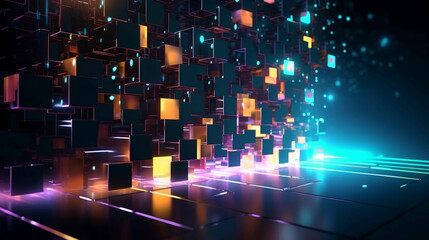 Wall Mural - Glowing blue and gold cubes floating in the air with neon light, creativity, festive, digital, blockchain, innovation concept, hi-tech abstract backgroud. Generative AI