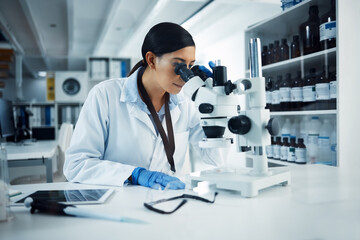 Aufkleber - Woman, scientist and microscope analysis to check DNA sample with science experiment in laboratory. Female doctor analyze data, scientific innovation and medical research in lab with investigation