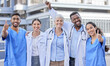 © Jade Maas/peopleimages.com - Doctor team, city and thumbs up with hug and celebration for healthcare and wellness work. Hospital, nursing and happy clinic group with success and support together with smile, motivation and trust