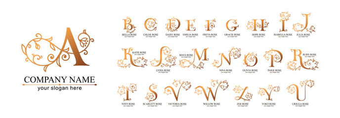 Floral alphabet logo set. Rose flowers in design. Delicate monograms for wedding, boutique, flower business, fashion