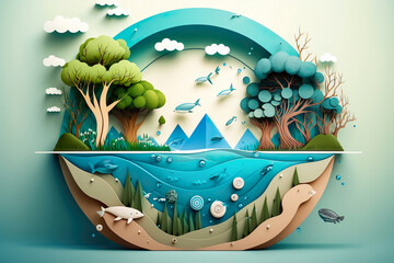 Wall Mural - Paper art , Saving water and world Environment day , Ecology and world water day , environmental protection and save earth water , Created with generative AI
