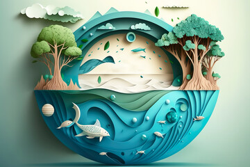 Paper art , Saving water and world Environment day , Ecology and world water day , environmental protection and save earth water , Created with generative AI