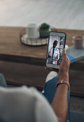 Poster - Phone, video call consulting with a doctor and a patient in the home for healthcare, medical or insurance. Telehealth, communication and remote with a person talking to a medicine professional online