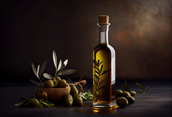 Olive oil bottle and olives and leaves on dark background. Generative AI.