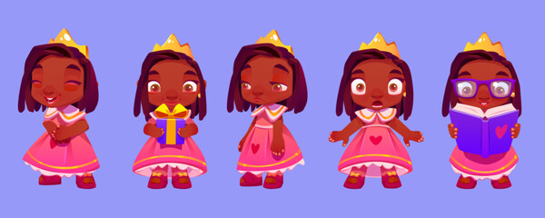 Cute vector cartoon black princess girl character expression set. Little kid queen in pink dress costume and crown frightened, reading, sad and smile. African beautiful female fairytale role with gift