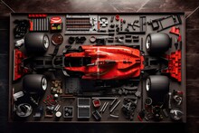 Separate Parts Of The Formula 1 Car In Dark Background. Generative AI.