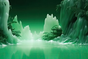 Wall Mural - green emerald mountains with river landscape. generative ai.