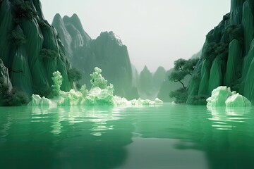 Wall Mural - green emerald mountains with river landscape. generative ai.