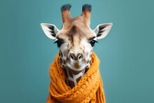 Funny Giraffe In An Orange Knitted Scarf On A Blue Background. Cooling Down, Autumn Concept. Hello, Autumn. Generative AI