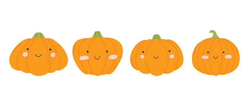Set of cute baby pumpkins. Collection of cute Halloween pumpkins. Vector illustration. Flat style.