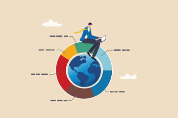 Global portfolio asset allocation, world stock market investment, international market share pie chart, financial or world economic concept, businessman work with computer laptop on world pie chart.