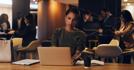 Aufkleber - Laptop, corporate coworking space and business woman on company project, online analysis or typing email. Lounge, review or professional person doing research, search or working on data report