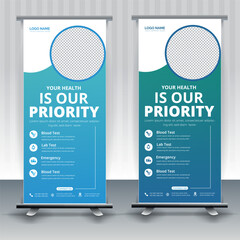 Modern healthcare and medical roll up design for hospital doctor clinic dental. standing banner template decoration for exhibition, printing, presentation, elegant layout.