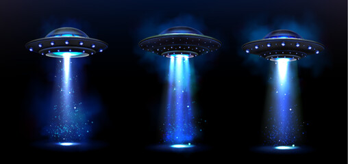 Wall Mural - 3d ufo spaceship realistic abduction light beam background. futuristic spacecraft ship glowing extra
