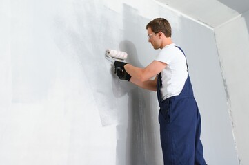 Wall Mural - One painter with paint roller making wall prime coating at home repair renovation work.