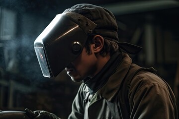 Poster - portrait of a welder in protective mask welding metal in a factory, a welder wearing a welding helme