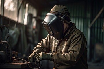 Poster - industrial worker wearing protective clothing and welding mask working in the factory. a welder wear