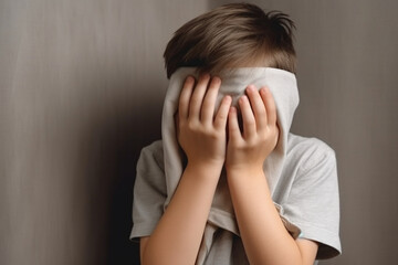 Boy crying covered his face with his hands, Stressed child, Domestic Family violence and aggression concept