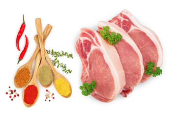 Wall Mural - sliced raw pork meat with spices isolated on white background. Top view. Flat lay