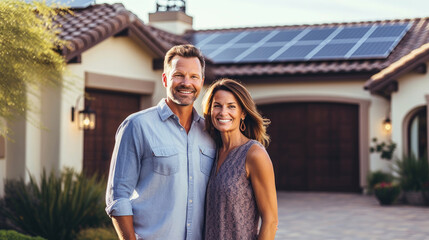 A happy couple stands smiling in the driveway of a large house with solar panels installed. 