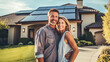 canvas print picture - A happy couple stands smiling in the driveway of a large house with solar panels installed. Generative AI