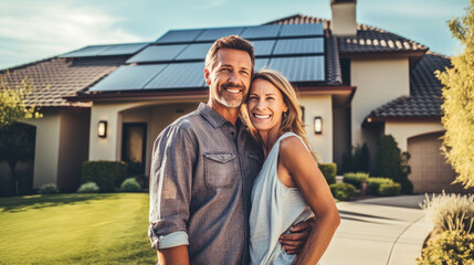 A happy couple stands smiling in the driveway of a large house with solar panels installed. Generative AI