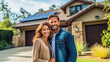 © piai - A happy couple stands smiling in the driveway of a large house with solar panels installed.