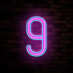 Sticker - Glowing neon number 9 sign on brick wall