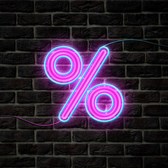 Sticker - Glowing neon percent sign on brick wall