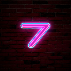 Sticker - Glowing neon number 7 sign on brick wall