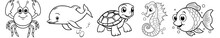 Sea Animals - Cute Crab Lobster, Dolphin, Turtle, Seahorse And Fish, Simple Thick Lines Kids Or Children Cartoon Coloring Book Pages. Clean Drawing Can Be Vectorized To Illustration. Generative AI