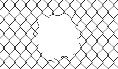 Wall Mural - Broken wire mesh fence. Rabitz or chain link fence with cut hole. Torn wire pirson mesh texture. Cut metal lattice grid. Vector illustration isolated on white background.