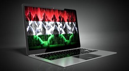 Hungary - country flag and hackers on laptop screen - cyber attack concept