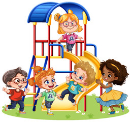 Poster - Children with different race playing at the playground slide