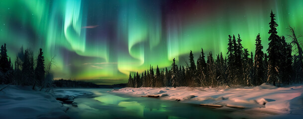Wall Mural - aurora borealis on the norway. green northern lights above mountains. night sky with polar lights. n