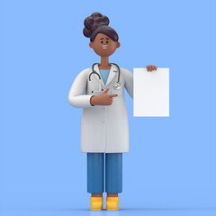 3D illustration of Female Doctor Juliet holding white blank board. Portraits of the cartoon character stands with one hand holding the display board and the other pointing to the board
