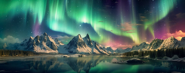 Wall Mural - aurora borealis on the norway. green northern lights above mountains. night sky with polar lights. n