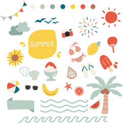 Wall Mural - hand drawn vector illustration set of summer holiday vibe sticker pack. Cute vacation elements doodle in flat style design