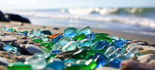 Wall Mural - natural polish textured sea glasses and stones on the seashore. green, blue shiny glass with multi-c