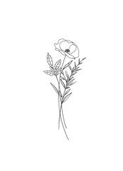 Wall Mural - Poppy, Holly berry birth flower line art, hand drawn for tattoo design