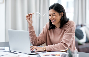 Poster - Laptop, smile and remote work of woman or designer in home working on internet project. Computer, graphic design and happy female person, freelancer and typing email for business research