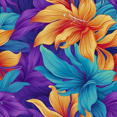 Poster - A bunch of orange and blue flowers on a purple background. Generative AI. Seamless floral background.