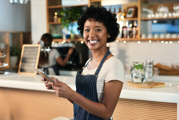 Sticker - Happy woman, tablet and portrait of waitress at cafe for order, inventory or checking stock at restaurant. Female person, barista or employee on technology in small business management at coffee shop