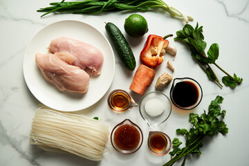 Healthy Thai chicken noodle salad ingredients list. Aisan cuisine. Rice noodles with chicken and vegetables and sauce based on soy, fish and sweet chilli sauce with garlic and ginger. Top view