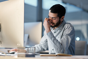 Poster - Call center, man and headache at computer for stress, burnout and problem with client communication at night. Tired telemarketing consultant at desktop with crisis , frustrated and bad sales service