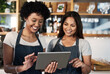 © Allistair/peopleimages.com - Happy woman, tablet and waitress in teamwork at cafe for inventory, checking stock or orders at restaurant. Barista women or small business team working on technology at coffee shop in online service