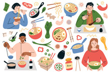 Ramen Hand Drawn Collection, Bowls With Asian Noodles, People Eating Noodle Soup With Chopsticks, Chinese Noodles In Box Container, Korean And Japanese Food, Cooking Ramen, Flat Vector Illustrations