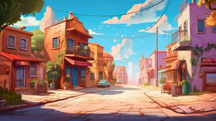 Wall Mural - Background cozy street in small town. A warm and inviting atmosphere is portrayed in a small town street illustration, accompanied by a banner design. Generative AI.